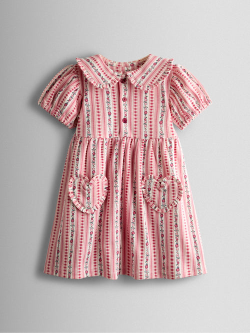 Dsiney Kidz - JoJo Maman Bébé Pink Floral Frill Collar Heart Pockets Dress image 1