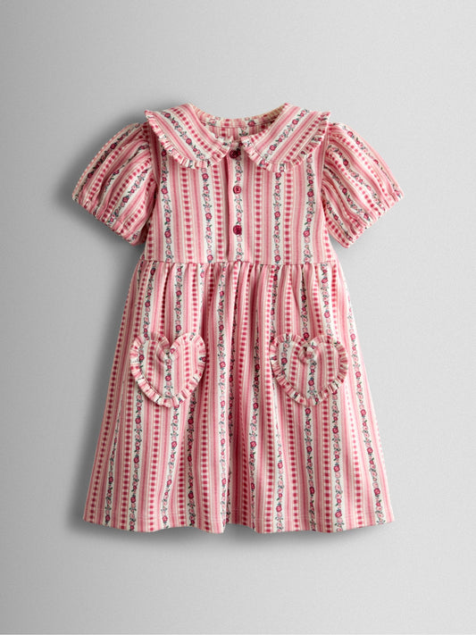 JoJo Maman Bébé Pink Floral Frill Collar Heart Pockets Dress image 1