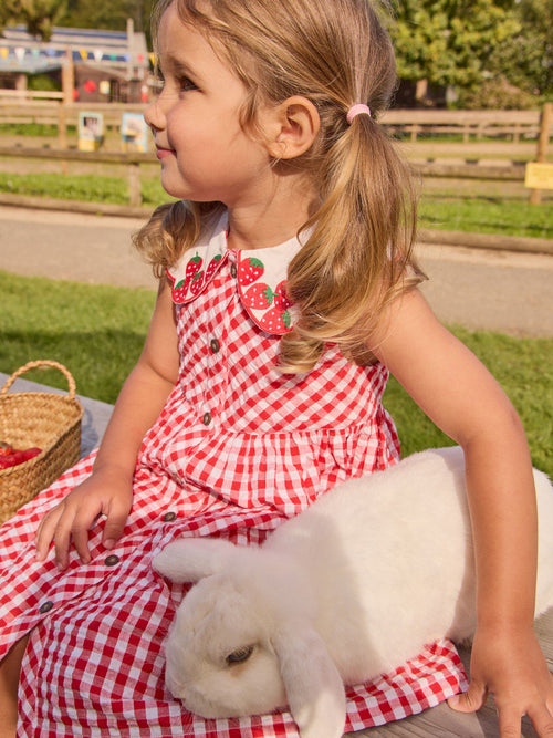 JoJo Maman Bébé Red Strawberry Embroidered Collared Sleeveless Button Through Dress image 1