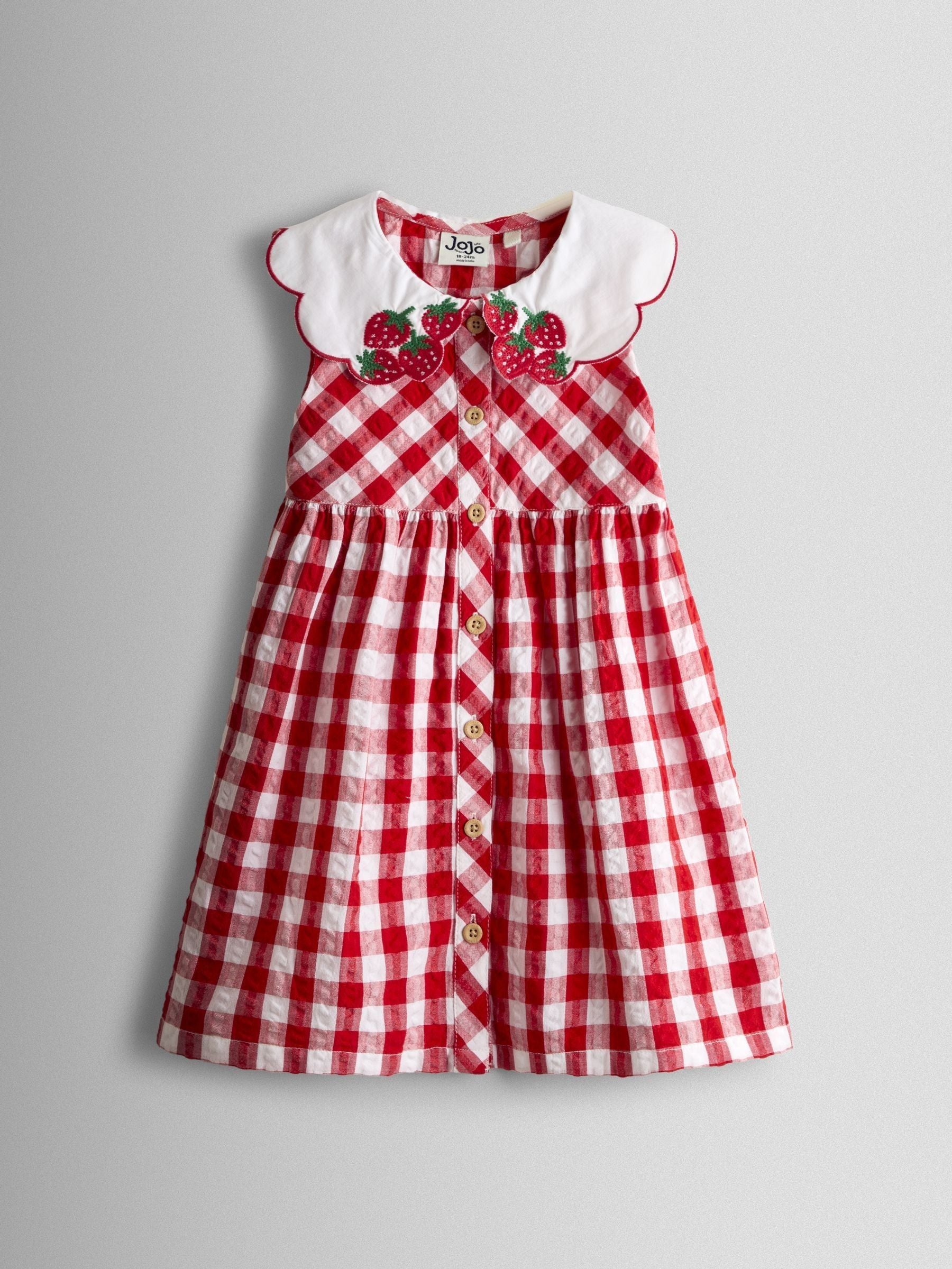JoJo Maman Bébé Red Strawberry Embroidered Collared Sleeveless Button Through Dress image 3