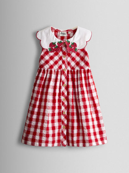 JoJo Maman Bébé Red Strawberry Embroidered Collared Sleeveless Button Through Dress image 3
