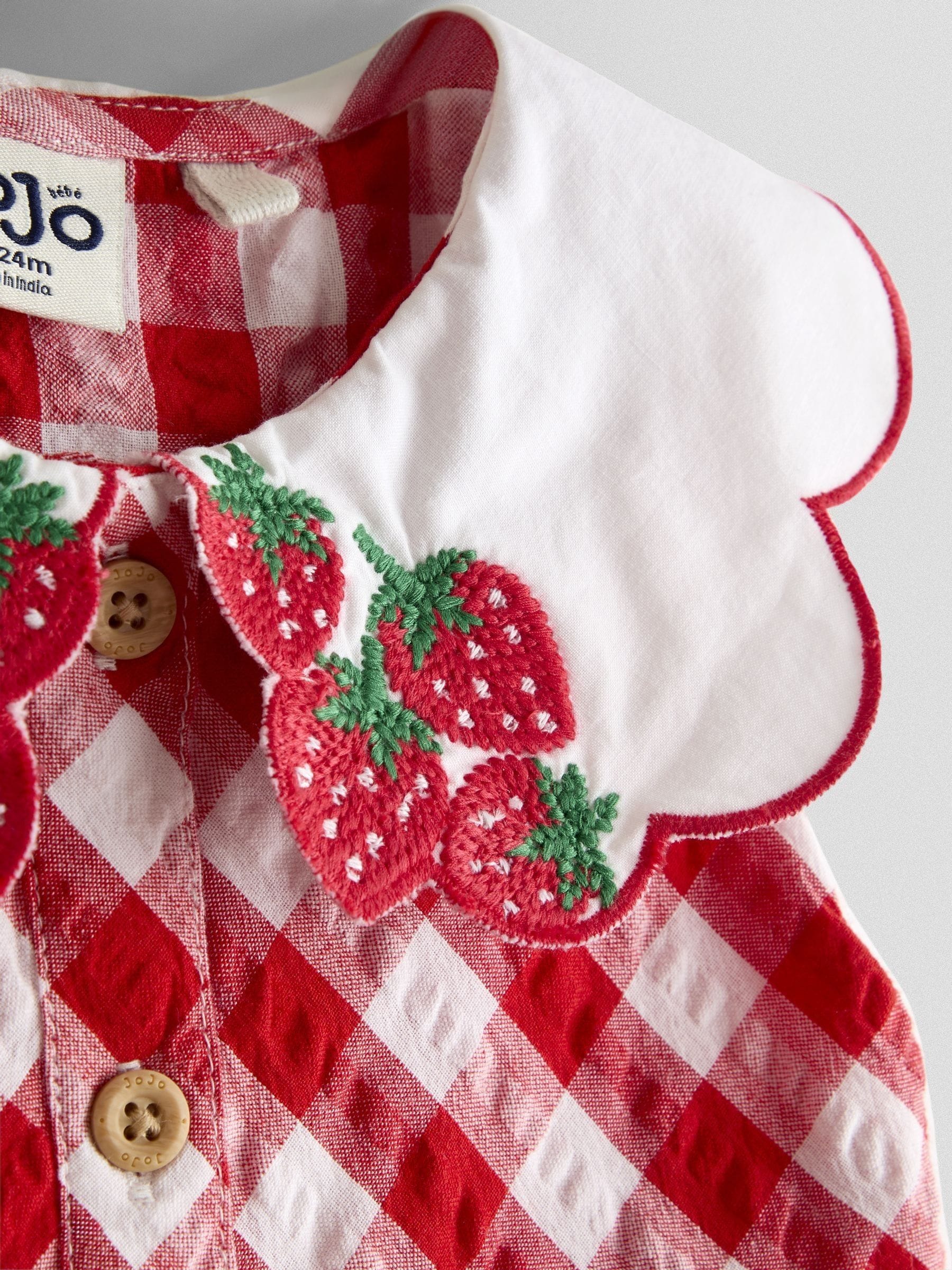 JoJo Maman Bébé Red Strawberry Embroidered Collared Sleeveless Button Through Dress image 5
