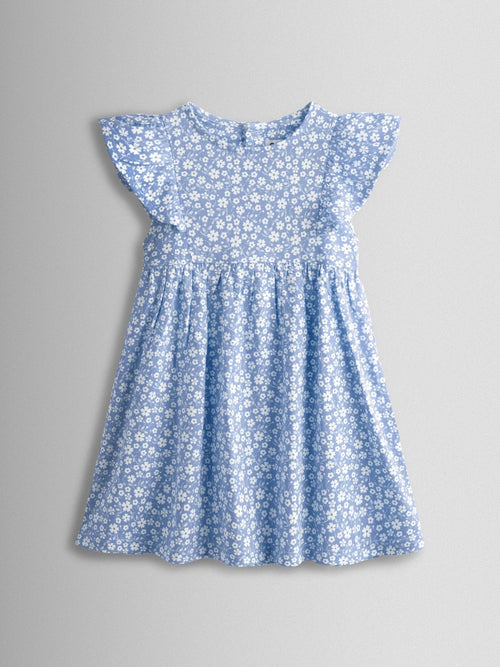 JoJo Maman Bébé Blue Ditsy Floral Ditsy Floral Ruffle Sleeve Dress image 1