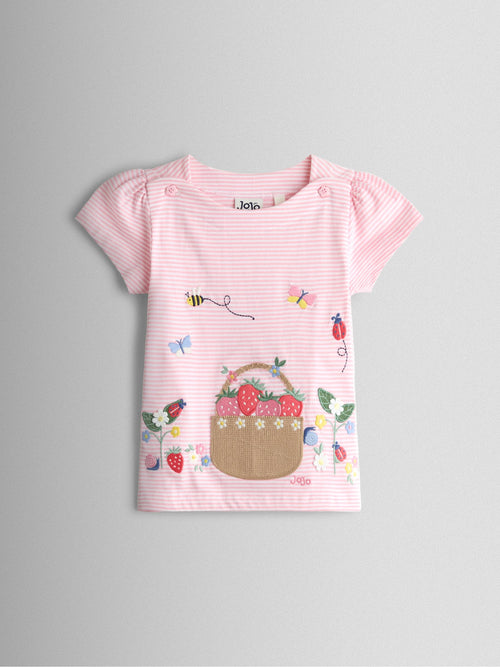 JoJo Maman Bébé Pink Strawberry Picnic Basket Appliqué Button Shoulder T-shirt image 1