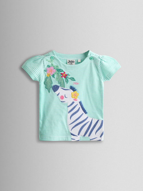 JoJo Maman Bébé Green Safari Zebra Appliqué Button Shoulder T-Shirt image 1