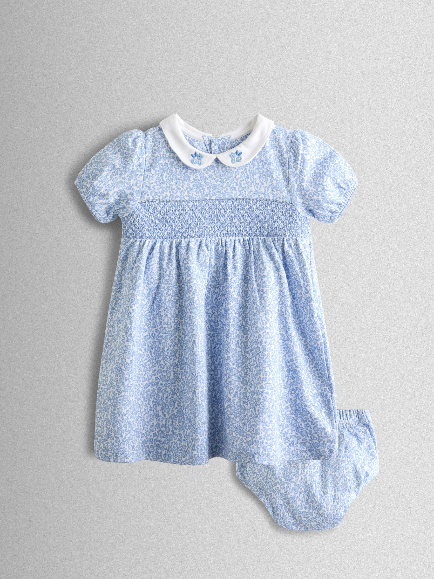 JoJo Maman Bébé Blue Ditsy Floral Collared Smocked Baby Dress image 1