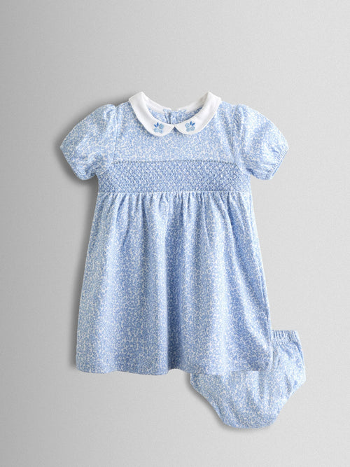 JoJo Maman Bébé Blue Ditsy Floral Collared Smocked Baby Dress image 1
