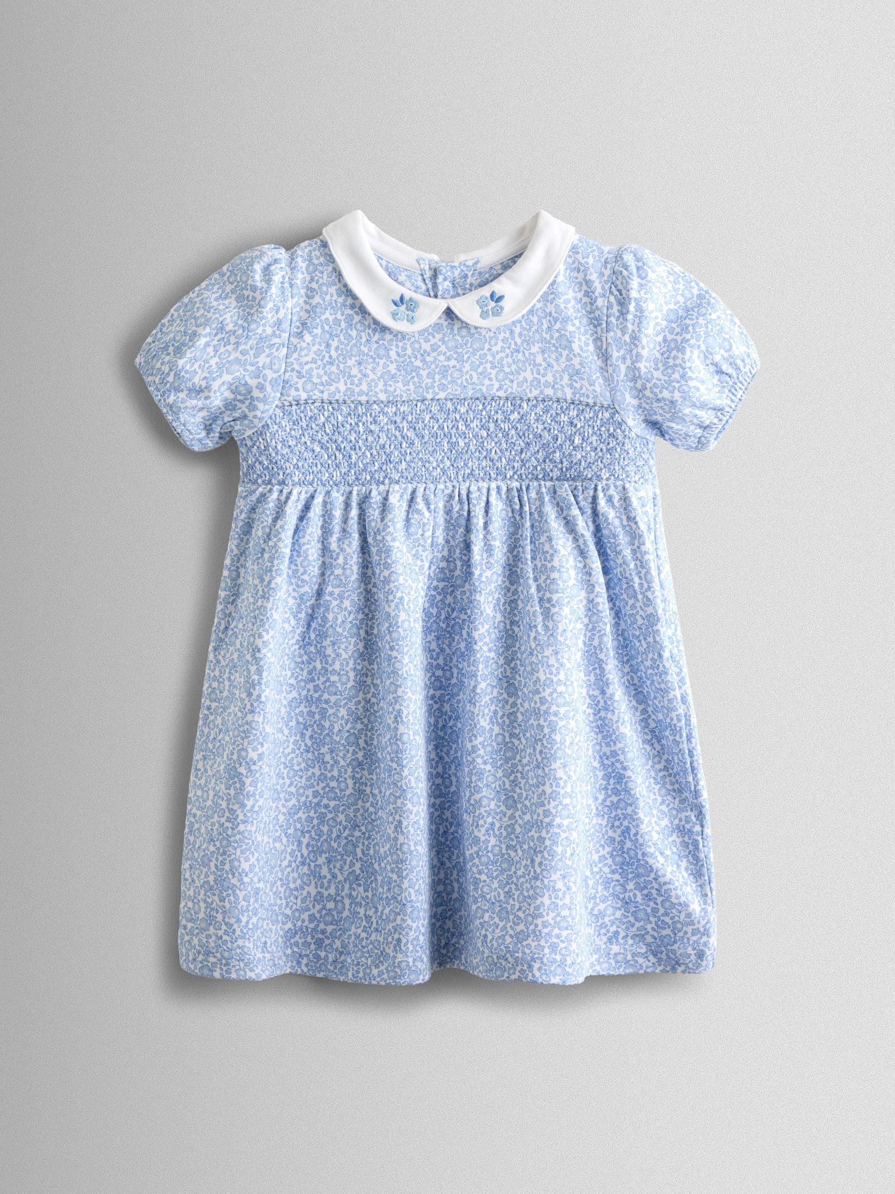JoJo Maman Bébé Blue Ditsy Floral Collared Smocked Baby Dress image 2
