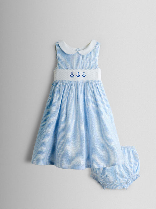 JoJo Maman Bébé Blue Sparkle Smocked Sleeveless Nautical Dress image 1