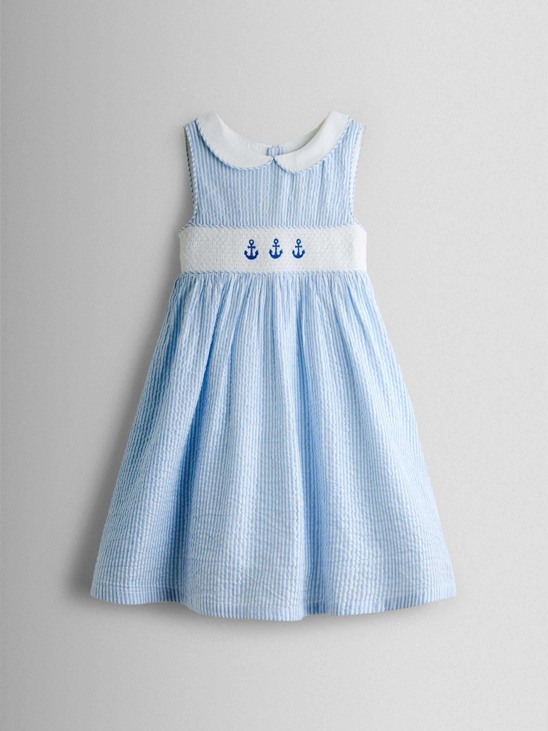 JoJo Maman Bébé Blue Sparkle Smocked Sleeveless Nautical Dress image 2
