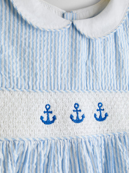 JoJo Maman Bébé Blue Sparkle Smocked Sleeveless Nautical Dress image 6