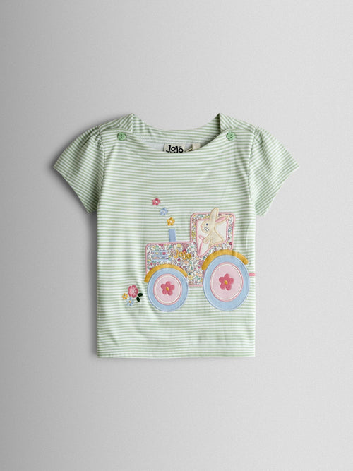 Dsiney Kidz - JoJo Maman Bébé Green Bunny Tractor Appliqué Button Shoulder T-Shirt image 1