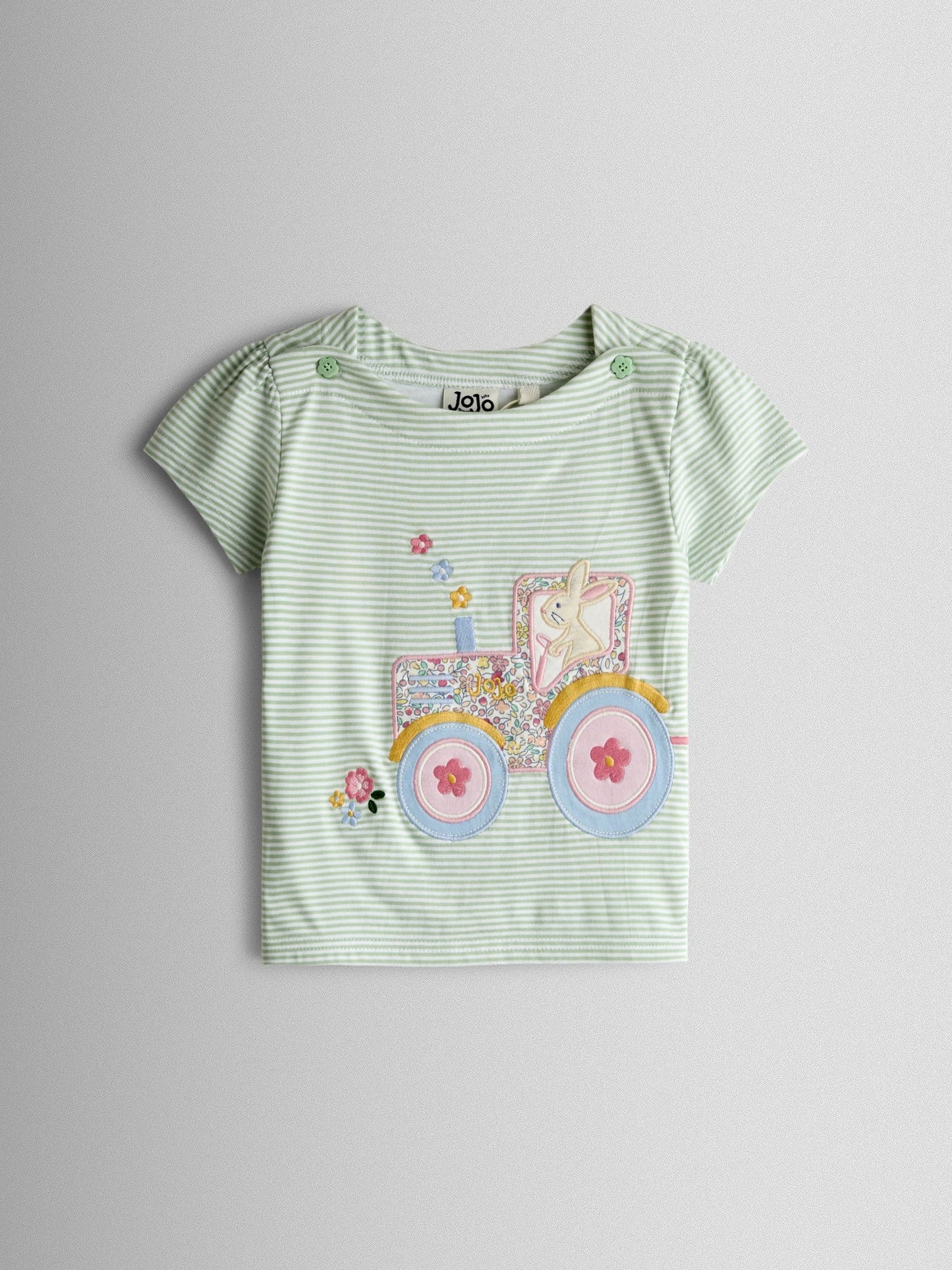 JoJo Maman Bébé Green Bunny Tractor Appliqué Button Shoulder T-Shirt image 1