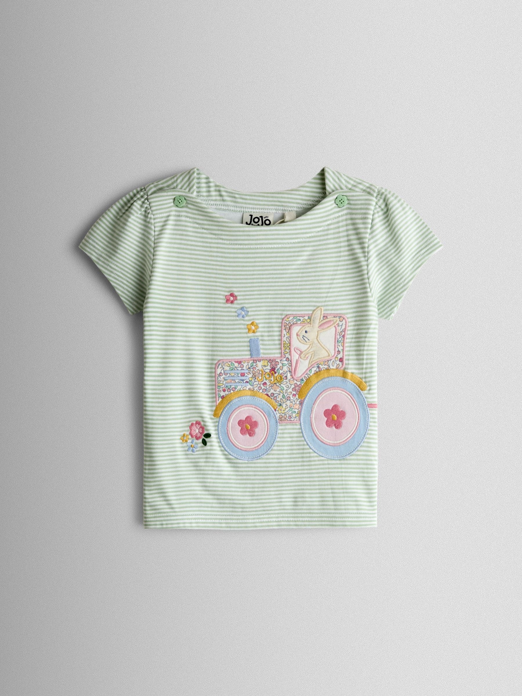 JoJo Maman Bébé Green Bunny Tractor Appliqué Button Shoulder T-Shirt image 1