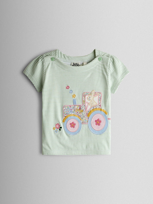 JoJo Maman Bébé Green Bunny Tractor Appliqué Button Shoulder T-Shirt image 1
