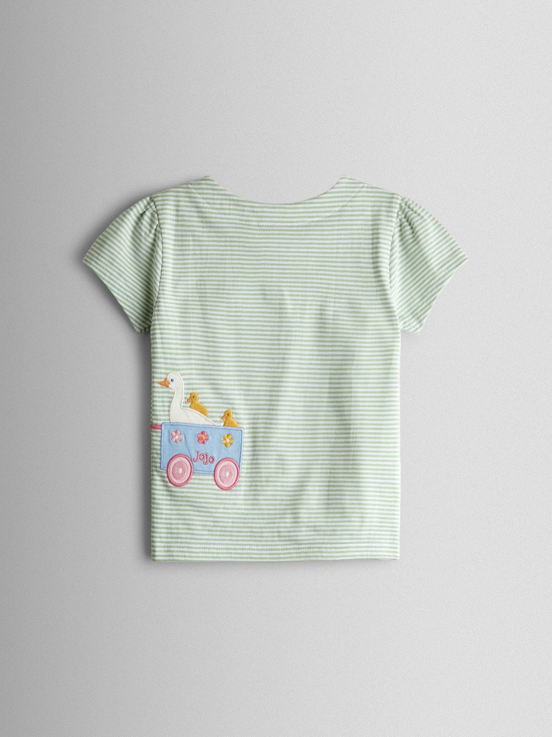JoJo Maman Bébé Green Bunny Tractor Appliqué Button Shoulder T-Shirt image 2