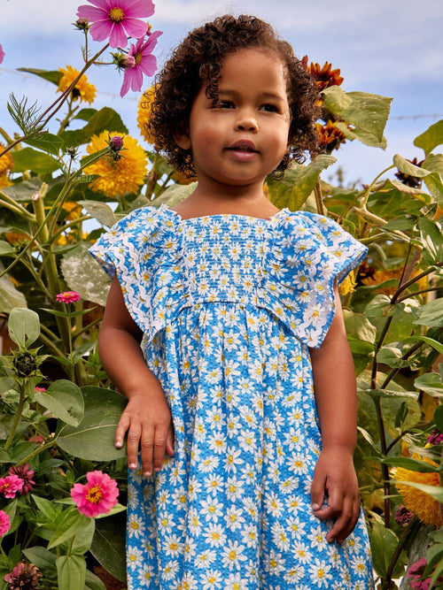JoJo Maman Bébé Blue Daisy Seersucker Frill Shoulder Smocked Dress image 1
