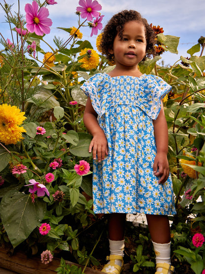 JoJo Maman Bébé Blue Daisy Seersucker Frill Shoulder Smocked Dress image 2
