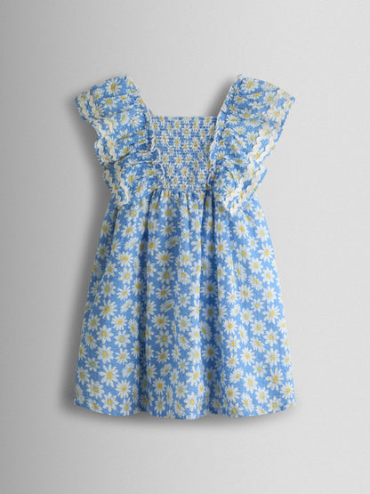 JoJo Maman Bébé Blue Daisy Seersucker Frill Shoulder Smocked Dress image 3