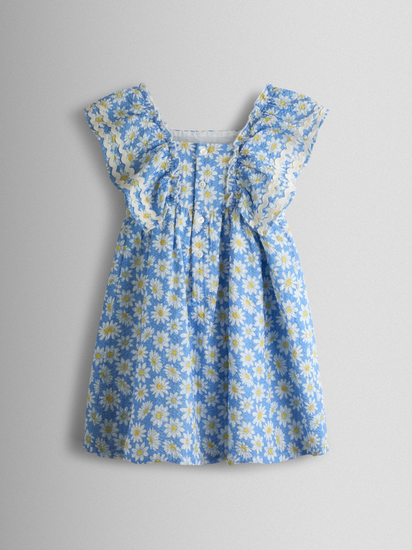 JoJo Maman Bébé Blue Daisy Seersucker Frill Shoulder Smocked Dress image 4