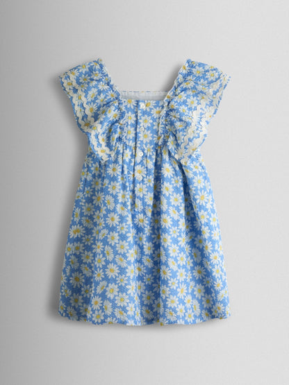 JoJo Maman Bébé Blue Daisy Seersucker Frill Shoulder Smocked Dress image 4