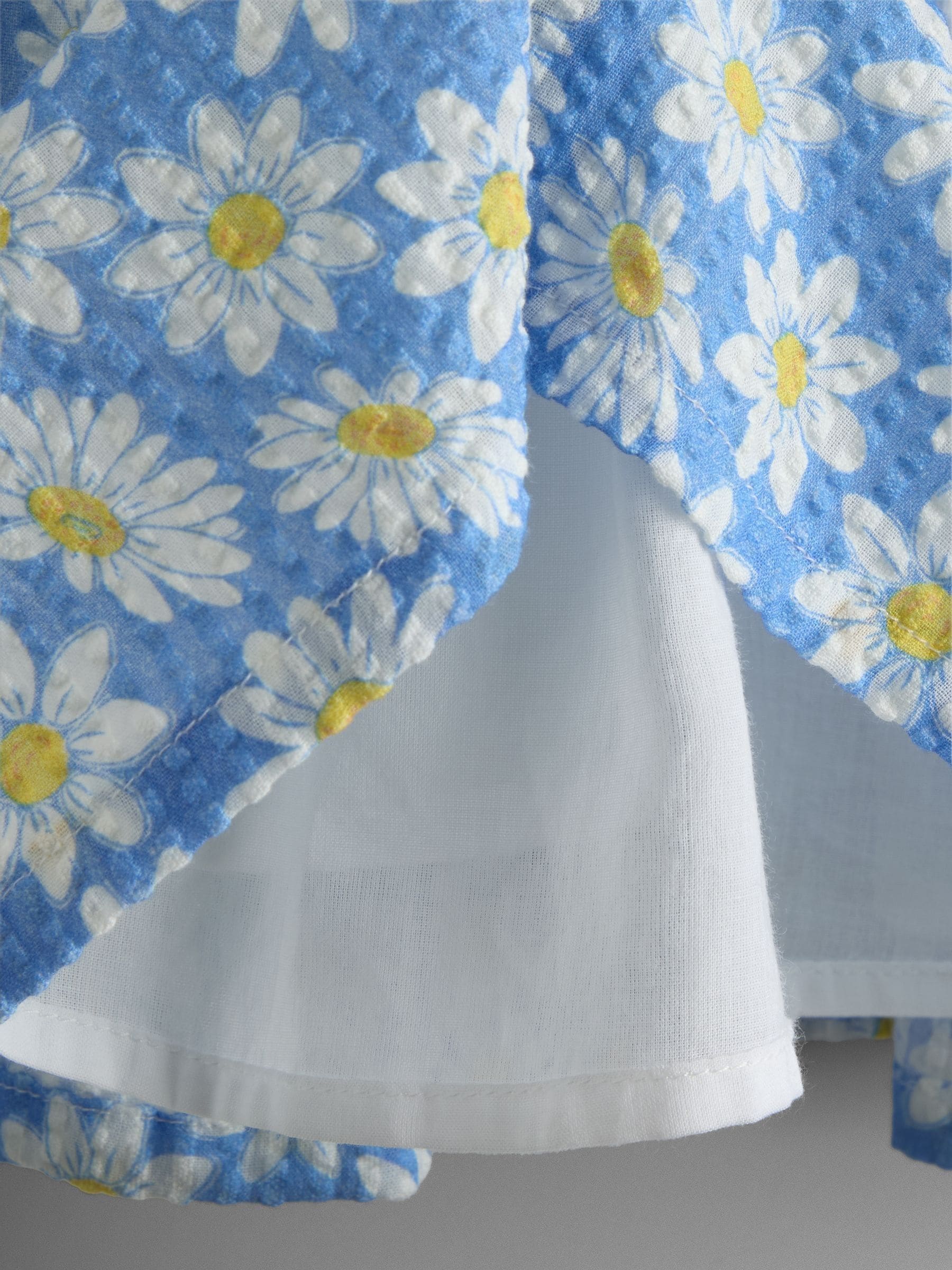 JoJo Maman Bébé Blue Daisy Seersucker Frill Shoulder Smocked Dress image 6