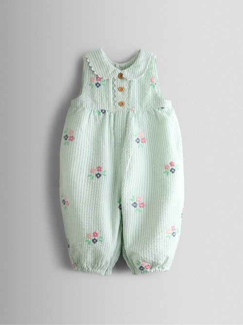 JoJo Maman Bébé Green Stripe Floral Embroidered Collar Dungaree image 1
