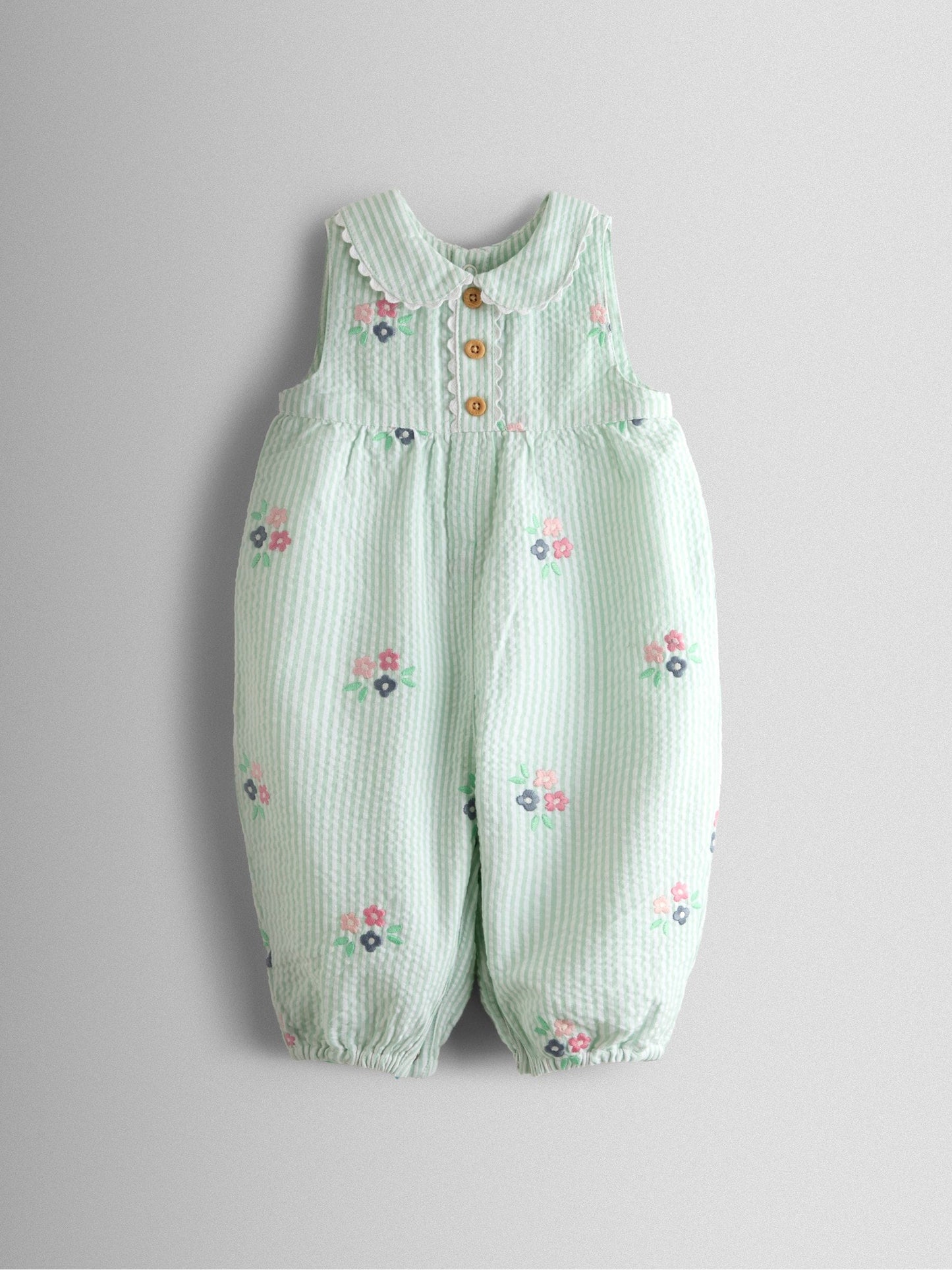 JoJo Maman Bébé Green Stripe Floral Embroidered Collar Dungaree image 1