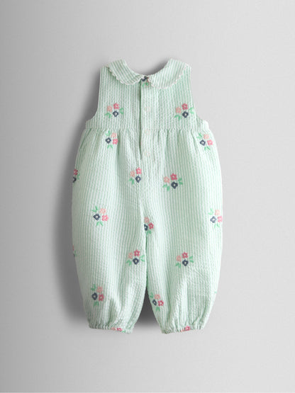 JoJo Maman Bébé Green Stripe Floral Embroidered Collar Dungaree image 2