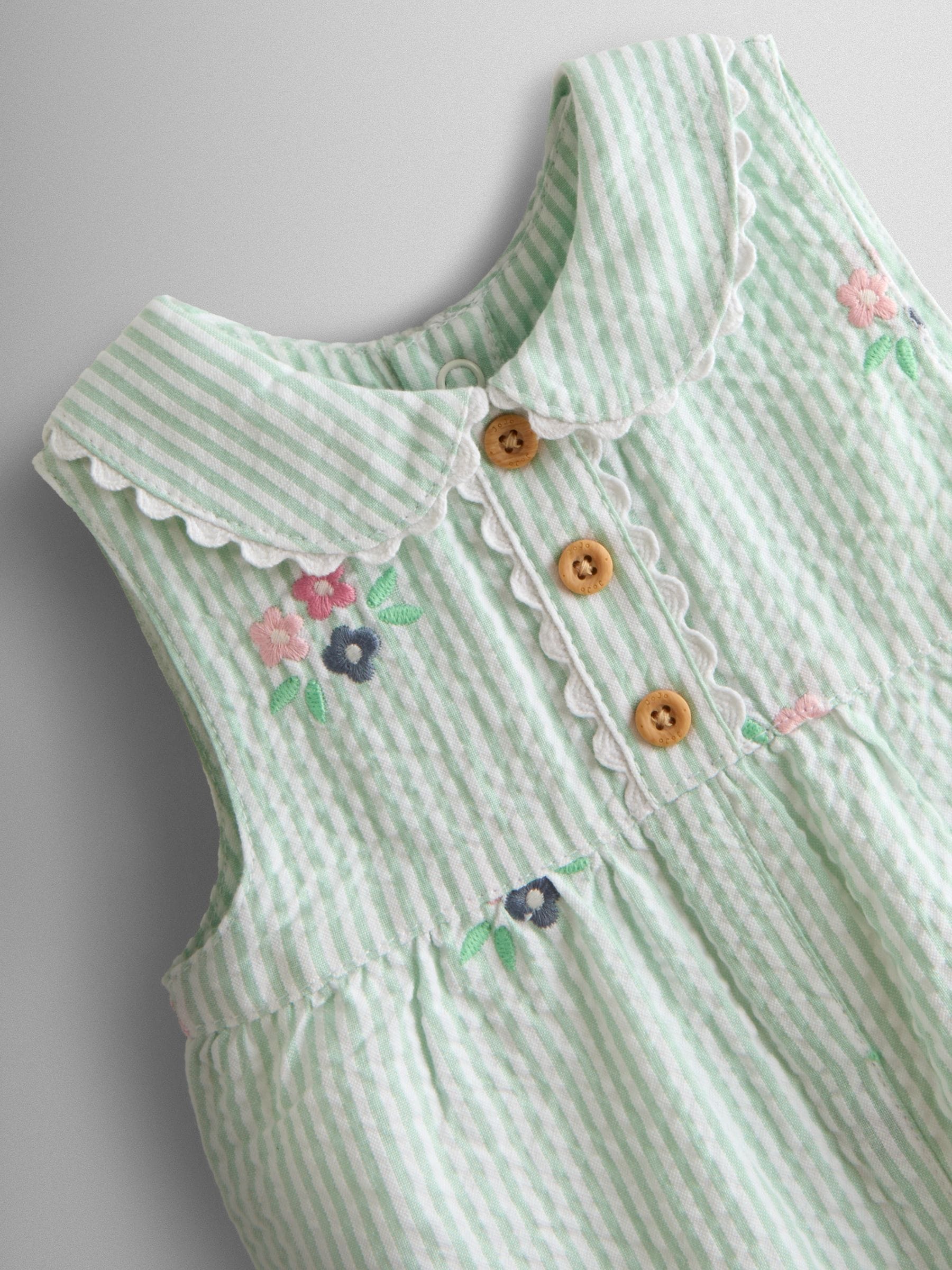 JoJo Maman Bébé Green Stripe Floral Embroidered Collar Dungaree image 3