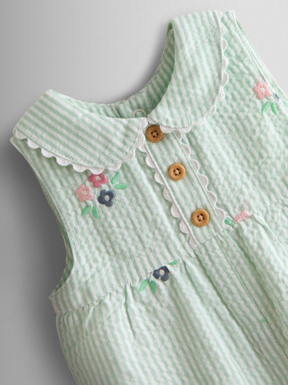 JoJo Maman Bébé Green Stripe Floral Embroidered Collar Dungaree image 3