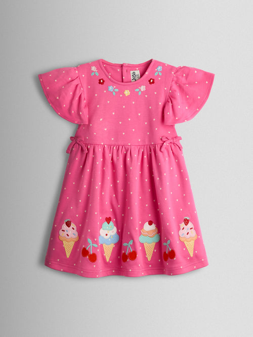 JoJo Maman Bébé Fuchsia Pink Ice Cream Appliqué Flutter Sleeve Dress image 1