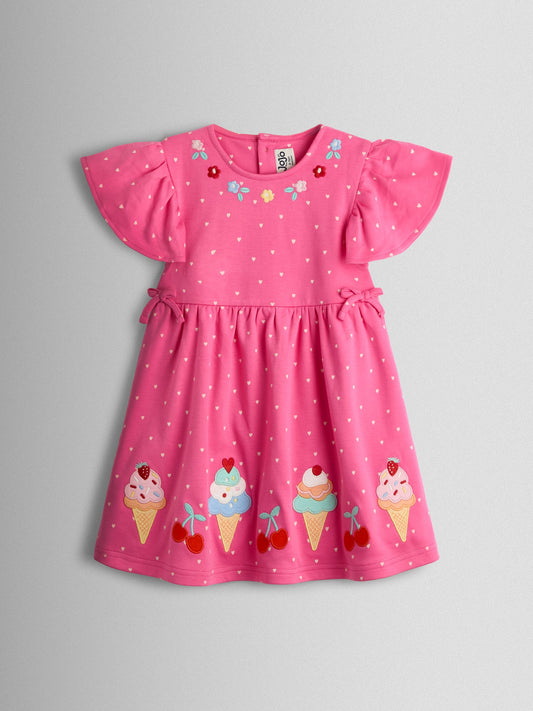 JoJo Maman Bébé Fuchsia Pink Ice Cream Appliqué Flutter Sleeve Dress image 1