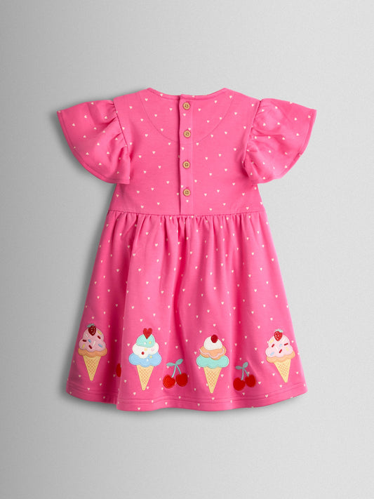 JoJo Maman Bébé Fuchsia Pink Ice Cream Appliqué Flutter Sleeve Dress image 2