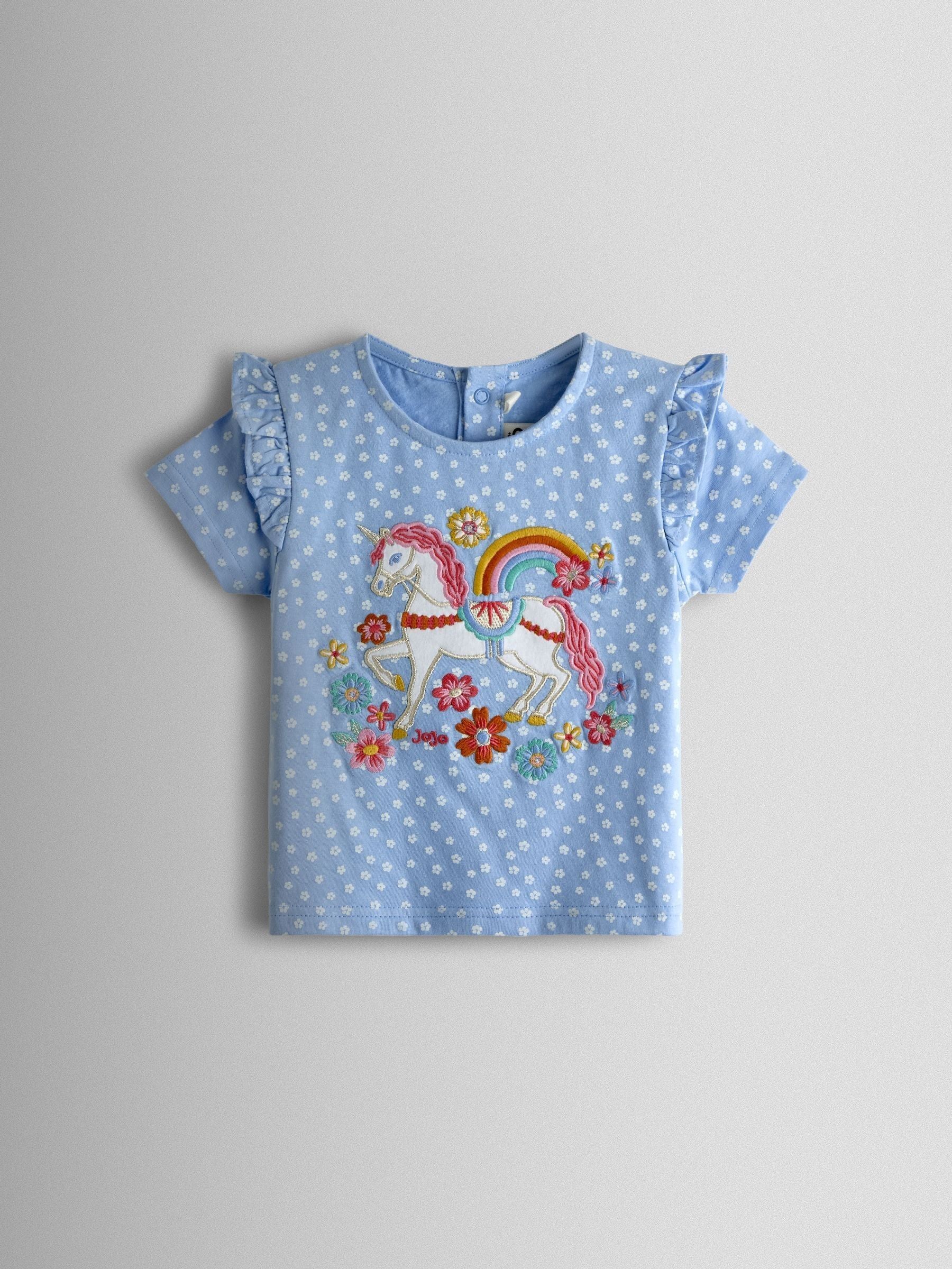 JoJo Maman Bébé Blue Unicorn Applique Frill Sleeve T-Shirt image 1