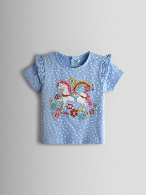 JoJo Maman Bébé Blue Unicorn Applique Frill Sleeve T-Shirt image 1