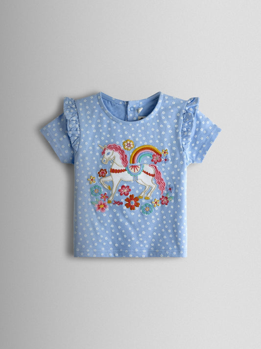 JoJo Maman Bébé Blue Unicorn Applique Frill Sleeve T-Shirt image 1