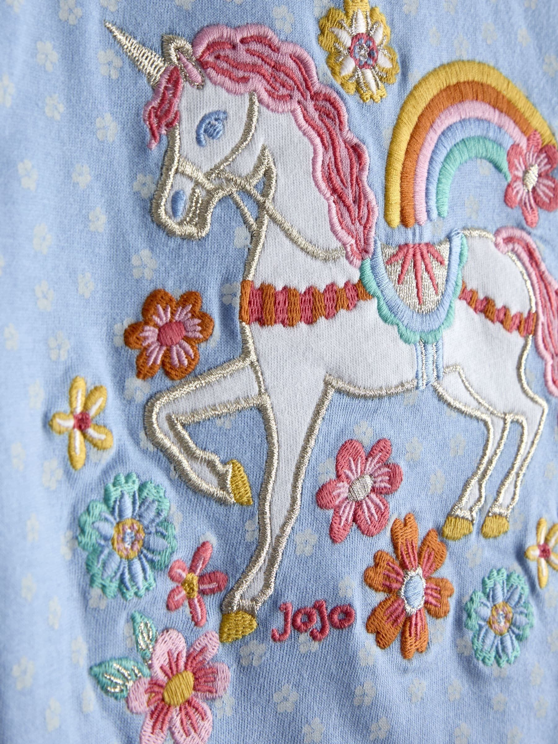 JoJo Maman Bébé Blue Unicorn Applique Frill Sleeve T-Shirt image 3