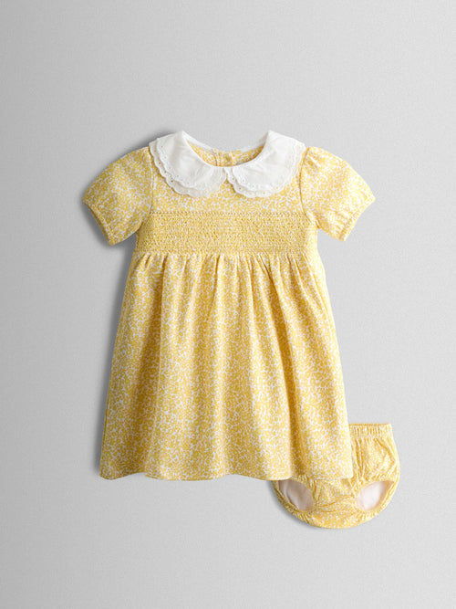 JoJo Maman Bébé Yellow Ditsy Scallop Collar Smocked Dress image 1