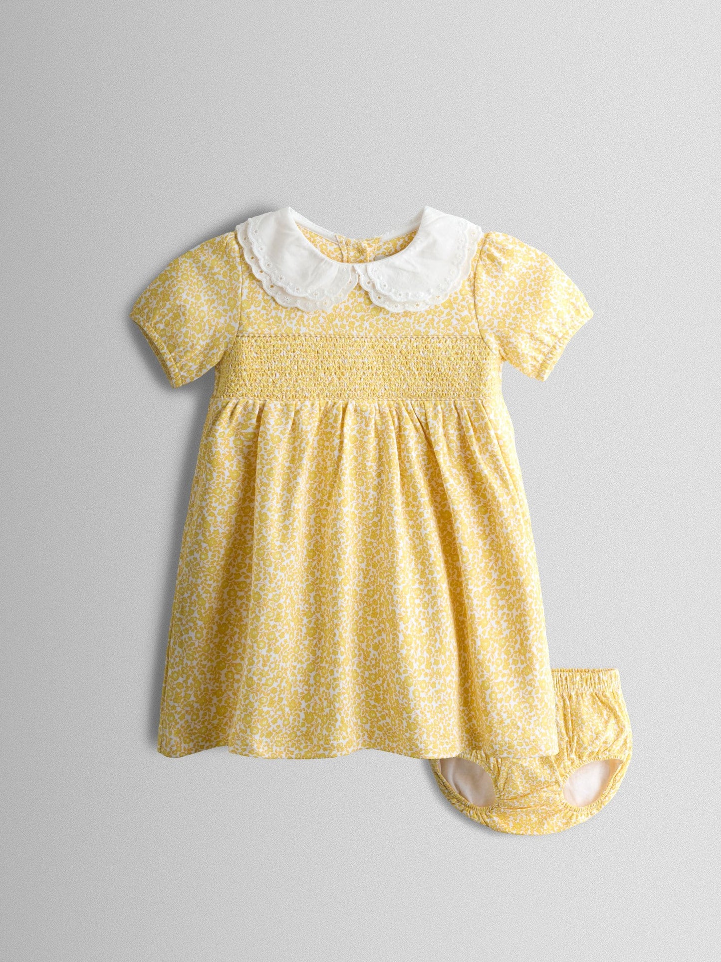 JoJo Maman Bébé Yellow Ditsy Scallop Collar Smocked Dress image 1