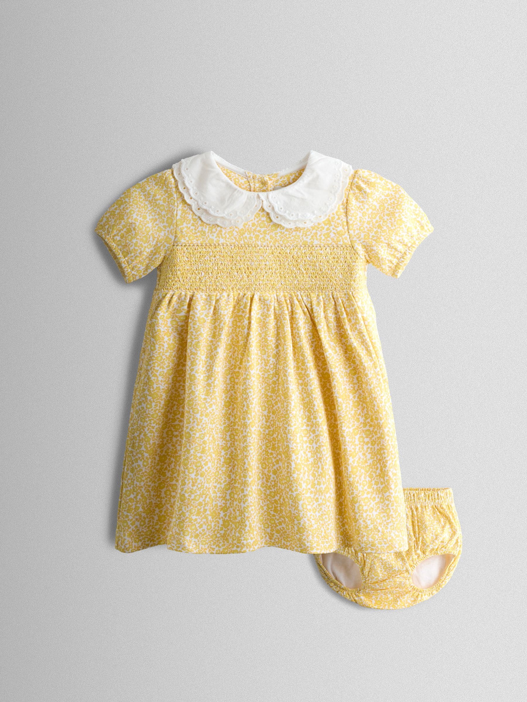 JoJo Maman Bébé Yellow Ditsy Scallop Collar Smocked Dress image 1