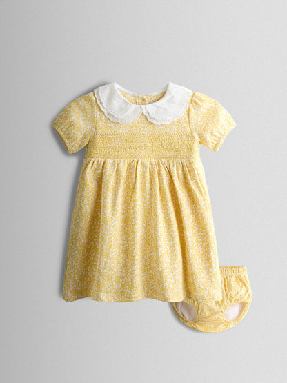 JoJo Maman Bébé Yellow Ditsy Scallop Collar Smocked Dress image 1