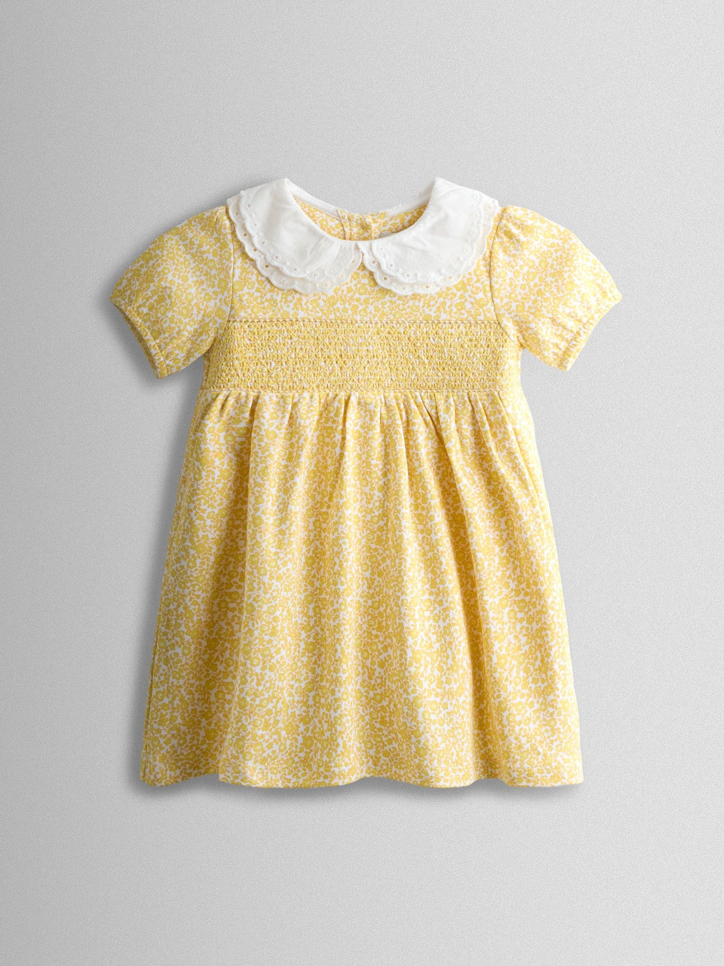 JoJo Maman Bébé Yellow Ditsy Scallop Collar Smocked Dress image 2