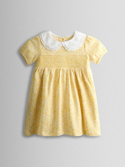 JoJo Maman Bébé Yellow Ditsy Scallop Collar Smocked Dress image 2