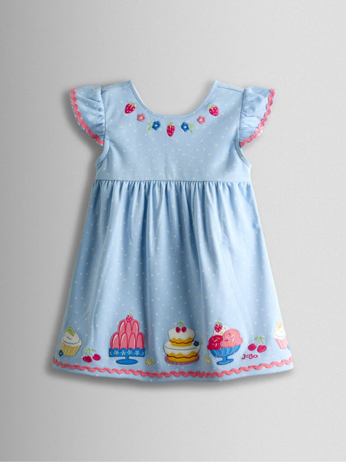 JoJo Maman Bébé Light Blue Cake Appliqué Flutter Sleeve Dress image 1