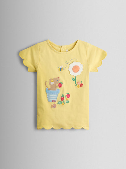 JoJo Maman Bébé Yellow Mouse Garden Appliqué Scalloped T-shirt image 1