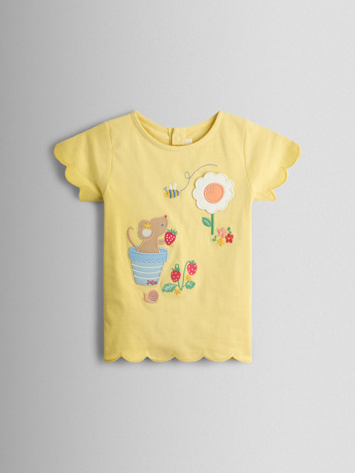 JoJo Maman Bébé Yellow Mouse Garden Appliqué Scalloped T-shirt image 1
