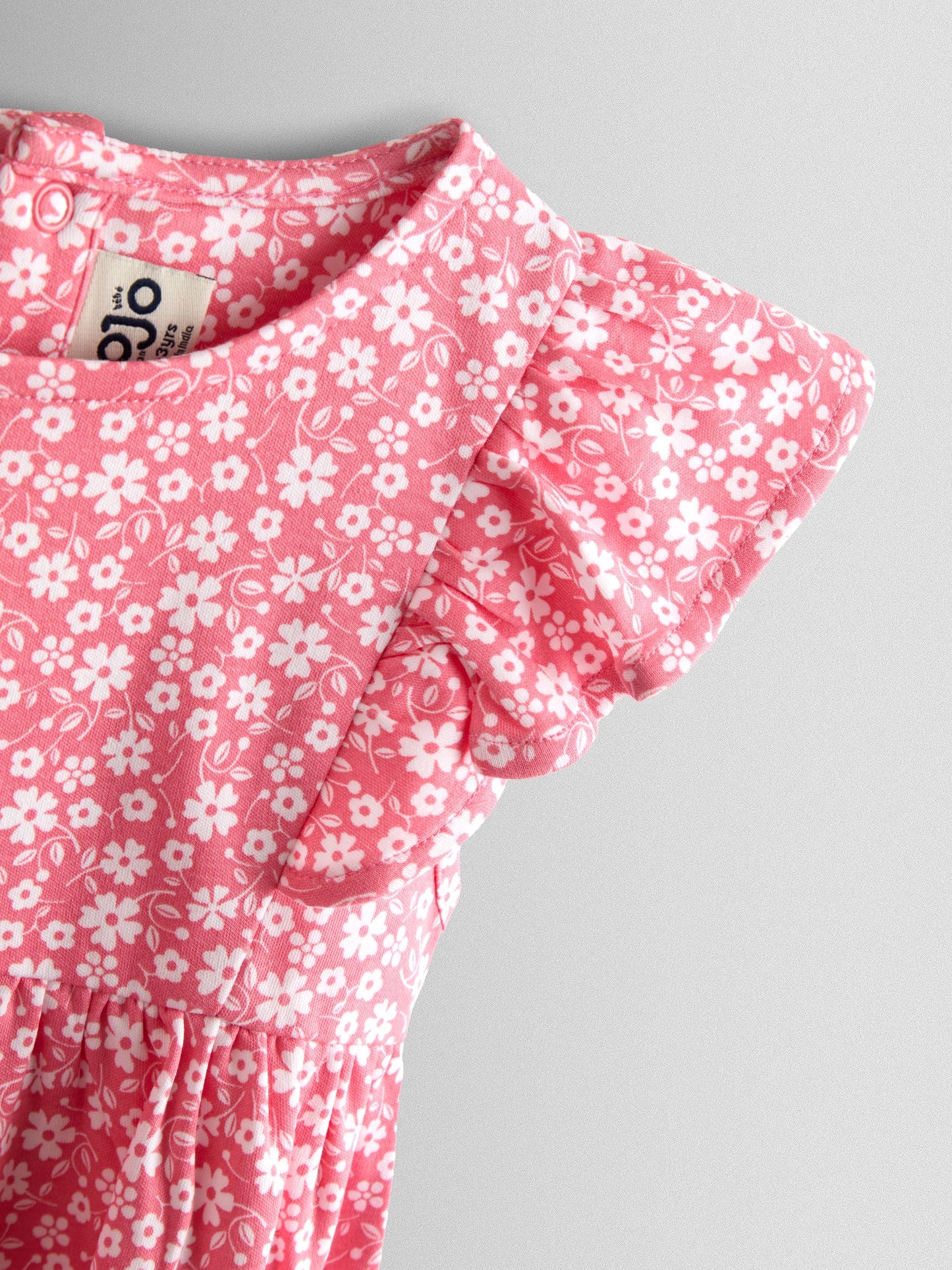 JoJo Maman Bébé Coral Pink Ditsy Floral Ruffle Sleeve Dress image 3