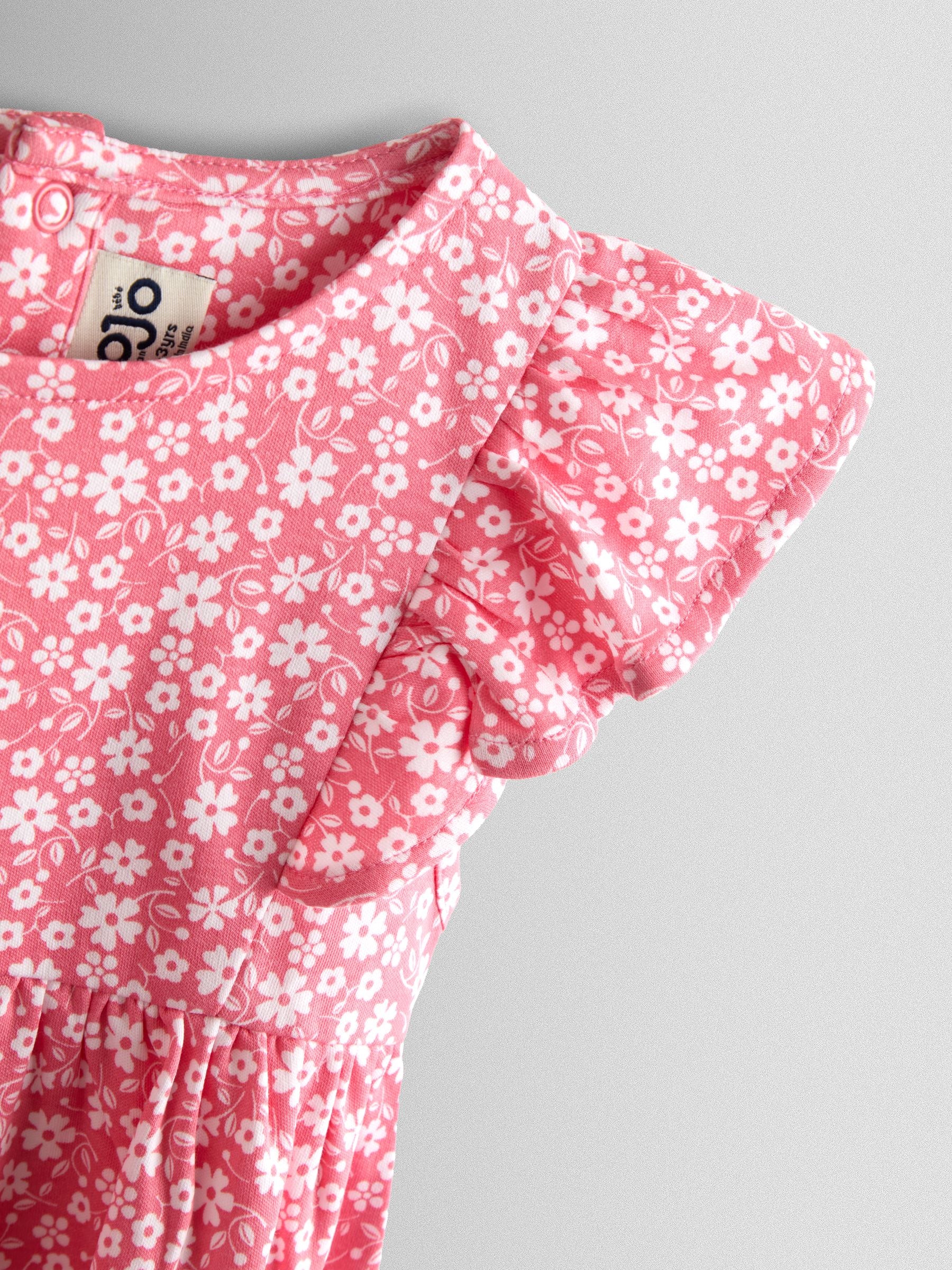 JoJo Maman Bébé Coral Pink Ditsy Floral Ruffle Sleeve Dress image 3