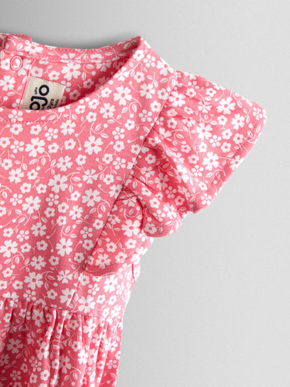 JoJo Maman Bébé Coral Pink Ditsy Floral Ruffle Sleeve Dress image 3